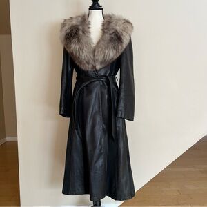 Women’s Black Leather Trench Coat with Fur Collar